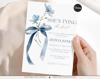 Blue Bow Bridal Shower Invitation Template, She’s Tying the Knot Invite, Editable Bridal Shower Invite, Instant Download, Floral Bow Bridal
