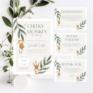 May include: A set of baby shower stationery with a "Cheeky Monkey" theme. The invitation, diaper raffle, book request, and thank you cards feature illustrations of monkeys and greenery. The color palette includes white, green, and brown.