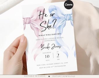 Gender Reveal Invitation Template, he or she, Editable Canva, Pink Blue Bow Invite, Gender Reveal bow Invite, Baby Shower Reveal Invite