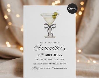30th Birthday Invitation Template, Editable Canva Invite, Minimalist martini Birthday Invite, Birthday Party Invitation, Printable
