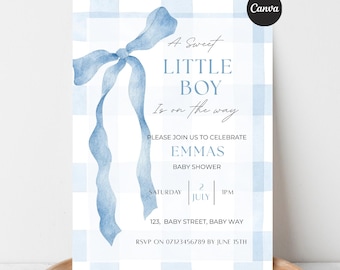 Blue Gingham Baby Shower Invitation Boy: Editable Canva Template (5x7” Instant Digital Download, BS01
