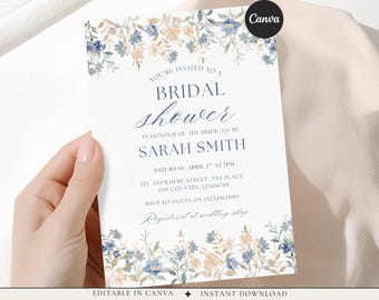 Bridal Shower Invitation Template, Blue Floral Bridal Shower Invite, Editable Canva Bridal Shower Invitation, Printable Instant Download
