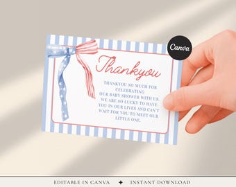 Patriotyczna kartka z podziękowaniami na baby shower, edytowalny szablon Canva (pobranie cyfrowe)