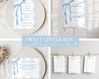 Blue Bow Baby Shower Bundle, Gingham Design (Editable Canva Templates)