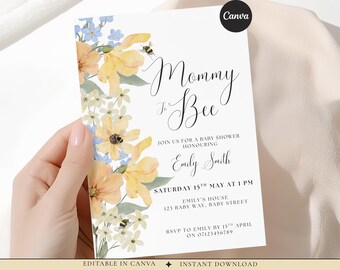 Mommy to Bee Baby Shower Invitation Template, Editable Canva Invite, bee baby shower, Wildflower Floral Baby Shower Invite, baby in bloom