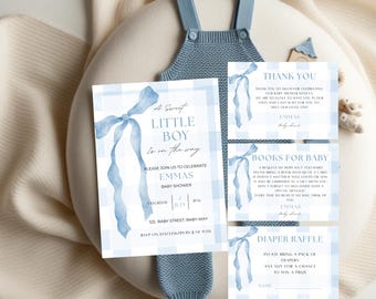 Blue Gingham Baby Shower Invitation Bundle: Canva Template Set