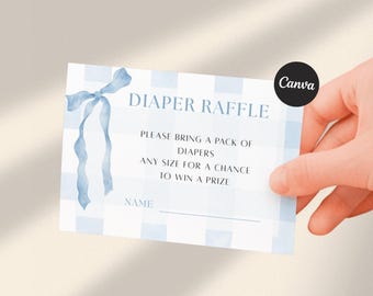Blue Gingham Diaper Raffle Card | Baby Shower Game (Editable Canva Template, Instant Download)