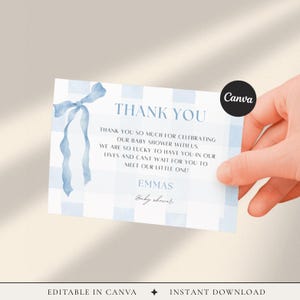 Niebieska kartka z podziękowaniami na baby shower w kratkę | Wstążka akwarelowa (edytowalny szablon Canva) BS01 zdjęcie 1