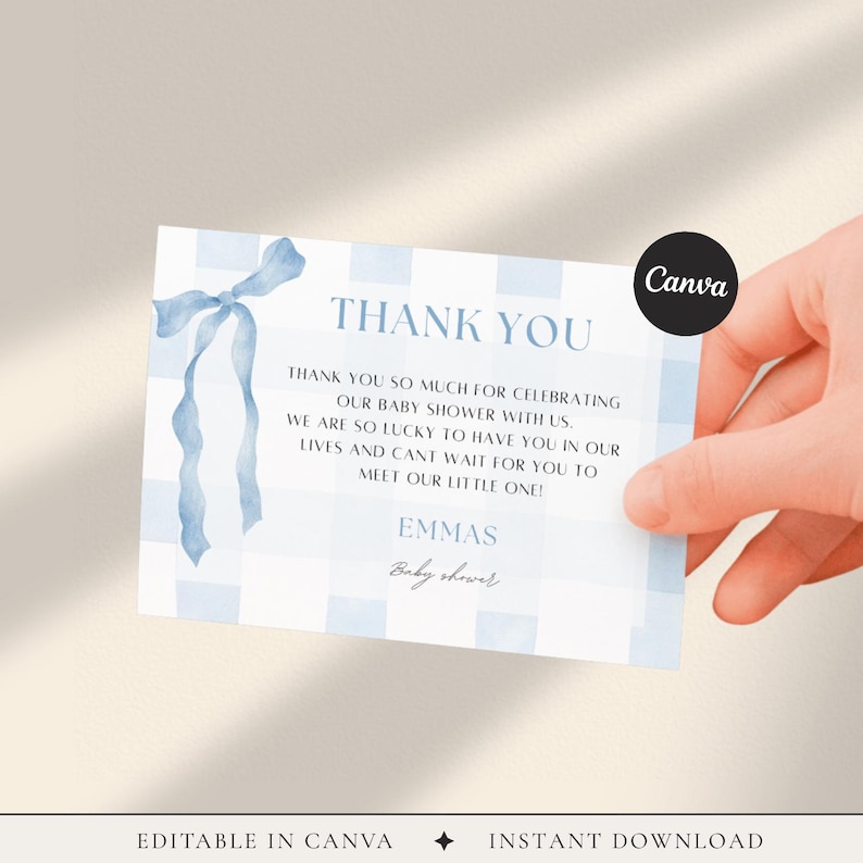 Niebieska kartka z podziękowaniami na baby shower w kratkę | Wstążka akwarelowa (edytowalny szablon Canva) BS01 zdjęcie 1