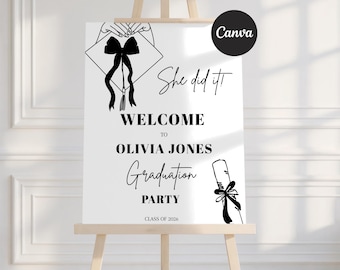 Graduation Welcome Sign Template, Editable Canva Grad Party Sign, Class of 2026 Party Decor, Modern Black White Graduation Sign, Printable