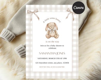 Bunny Baby Shower Invitation, Neutral Gingham Template (Digital Download)