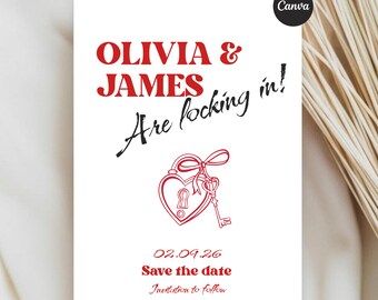 Retro Wedding Save the Date Template | Red Heart Lock Announcement (Digital Download)