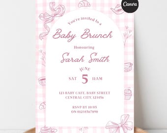 Pink Gingham Baby Brunch Invitation Template, Coquette Bow Tea Party (Editable Canva)