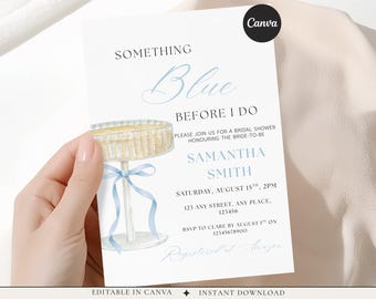 Something Blue Bridal Shower Invitation Template, Blue Bow Bridal Shower Invite, Editable Canva, Coquette Bridal Shower, Instant Download