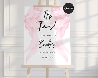 Modello di cartello di benvenuto per baby shower per gemelli, Cartello "Sono gemelli", Cartello modificabile con fiocco rosa per baby shower, Baby shower per gemelle, Canva, Download immediato