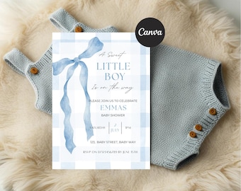 Blue Gingham Baby Shower Invitation Boy: Editable Canva Template (5x7” Instant Digital Download