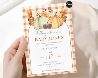 Fall Baby Shower Invitation, Watercolor Pumpkin Gingham Template (Digital Download)