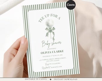 Golf Baby Shower Invitation Template, Tee Up For A Baby Shower Invite, Hole In One Baby Shower, Golf Theme,Editable in Canva, green stripe