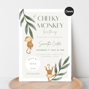 Könnte beinhalten: Eine rechteckige Einladungskarte für eine Babyparty mit grünen Aquarellblättern und zwei braunen Zeichentrickaffen. Der Text lautet A CHEEKY MONKEY Is on the way, PLEASE JOIN US IN HONOUR OF Samantha Carter, SATURDAY 1ST JULY AT 1PM, 123. BABY STREET, BABY PLACE CALIFORNIA. 123456, RSVP BY 15TH JUNE, 07123456789.