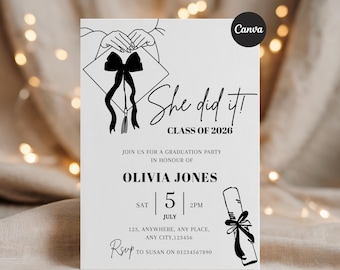 Graduation party Invitation  2026, Editable graduation announcement template, Printable Grad Party Invite. Black bow graduation invite