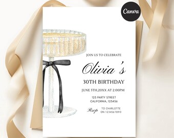 Champagne coupe Birthday Invitation Template | Editable 30th Birthday Invite WD01 (Instant Download)