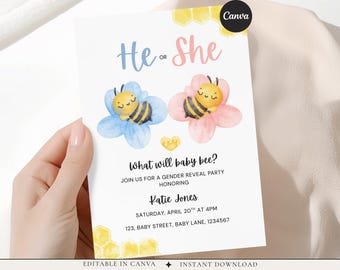 Invito per la rivelazione del sesso del bambino, Invito per la rivelazione del sesso a tema ape, Invito "Cosa sarà il bambino/la bambina?", Modificabile su Canva, Invito per baby shower, Download immediato