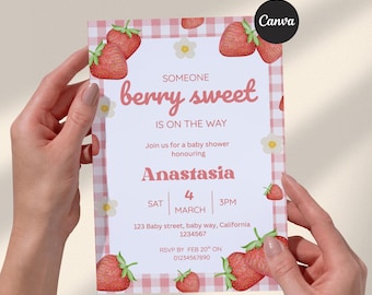 Berry Sweet Baby Shower Invitation | Strawberry Baby Shower Theme | Gender Neutral Summer Baby Shower | Editable Canva Template