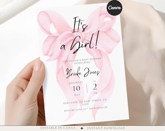 Plantilla de invitación para baby shower rosa, invitación editable para baby shower en Canva, invitación para baby shower de niña, invitación para baby shower con lazo.