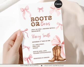 Boots or Bows Gender Reveal Invite Template, Editable Canva Invite, Pink Bow Cowgirl Baby Shower, Western Gender Reveal Invite