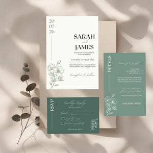 Editable Sage Green Wedding Invitation Suite – Minimalist Botanical Canva Template – Printable Wedding Invite Bundle