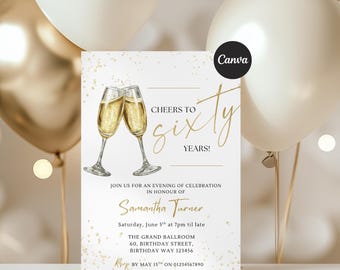 60th Birthday Invitation Template | Cheers to Sixty Invite | Elegant Gold Birthday Invitation | Editable Canva 60th Party Invite