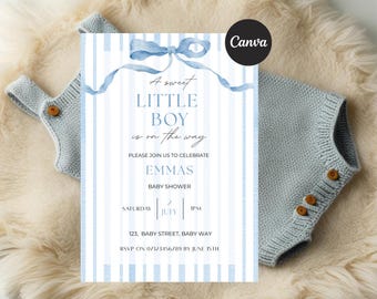 Stripe Baby Shower Invite, Boy baby shower, Blue Watercolor Bow, Minimalist Pinstripe Design (Digital Download)