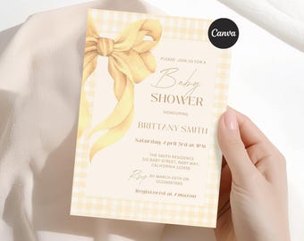 Yellow Gingham Bow Baby Shower Invitation, Editable Canva Template (Instant Download)