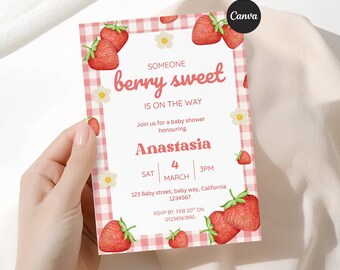 Invito per baby shower con tema "Browry Sweet" / Baby shower con tema "Fragola" / Baby shower estivo gender neutral / Modello Canva modificabile