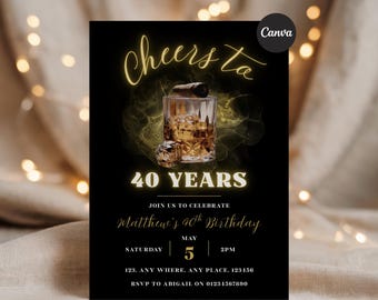 Whiskey Birthday Invitation Template, Black Gold Luxury Invite, Adult Birthday Party Invite, 30th 40th 50th birthday, Canva,Instant Download