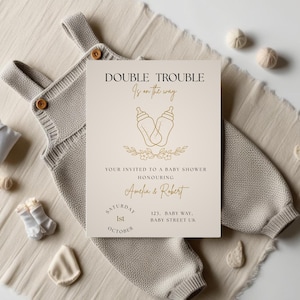 Twin Baby Shower Invitation Template | Double Trouble Neutral Design | Editable Canva Invite | Printable Digital Download