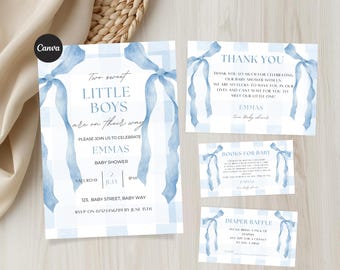 Twin Boy Baby Shower Bundle Template, Blue Gingham Baby Shower bundle, Editable Canva,  Diaper Raffle, Books for Baby, Thank You Card
