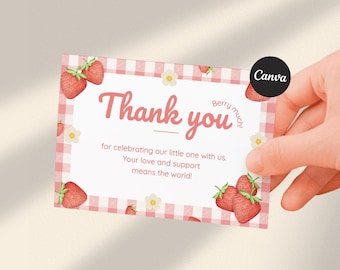 Berry Sweet Baby Shower Thank You Card | Strawberry Baby Shower Favor Insert | Editable Canva Thank You Card | Printable Baby Shower