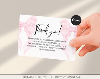 Różowa kokardka z podziękowaniami na baby shower dla dziewczynki, edytowalny szablon Canva (do natychmiastowego pobrania)