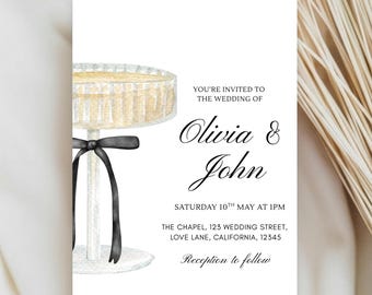Champagne coupe Wedding Invitation Template, minimalist wedding invite, black bow invite (Digital Download)