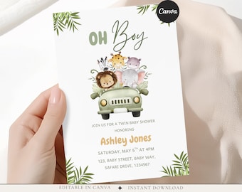 Plantilla de invitación para baby shower con temática de safari en la jungla, invitación para baby shower de niño, invitación editable en Canva, baby shower con animales de la jungla, baby shower de niño