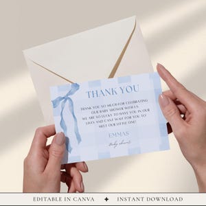 Niebieska kartka z podziękowaniami na baby shower w kratkę | Wstążka akwarelowa (edytowalny szablon Canva) BS01 zdjęcie 5