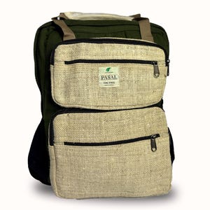 May include: A green and beige backpack with two front zipped pockets. The backpack has a woven texture and features the text "PASAL THC FREE" on a small label. The straps are brown and the zips are black.