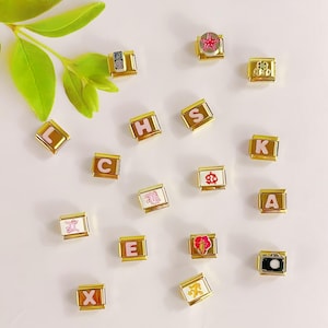 May include: Gold-toned charm bracelets with various designs, including letters, symbols, and small images. The charms are square or rectangular, with white, pink, and red accents. Some charms feature letters, while others display a camera, a flower, and other designs.