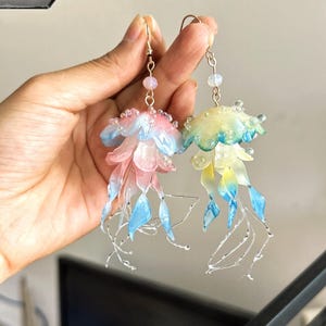 Handmade Jellyfish Earrings, Resin Ocean Earrings, Whimsical Blue Yellow Drop Earrings, Iridescent Sea Creature Jewelry, Mermaid Gift