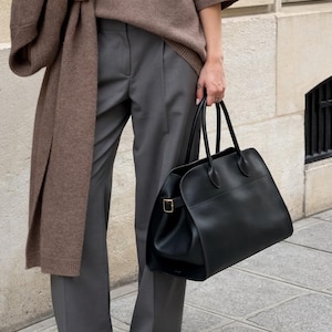 Black Soft Margaux Leather Tote Bag, 12, 15, 17 Inch Women's Top Handle Shoulder Purse, Structured Minimalist Work Handbag Gift