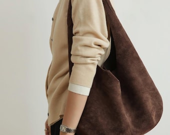 Handmade Suede Shoulder Bag, Minimalist Hobo Tote, Soft Brown Everyday Purse, Large Casual Shopper, Vintage Boho Handbag, Gift for Her