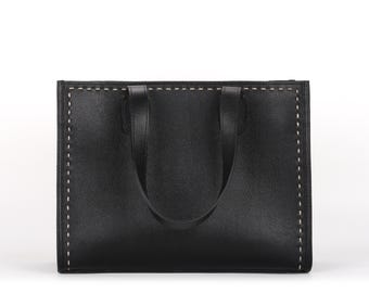 Bolso tote de cuero negro hecho a mano: bolso minimalista con estructura