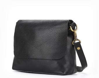 Black Everyday Leather Crossbody Bag Handmade Minimalist Soft and Smooth Cowhide Purse, Personalized Christmas gift