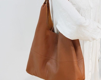 Minimalist Handmade Origami Leather Tote Bag, Soft Top Grain Leather Hobo Shoulder Purse, Large Slouchy Boho Bag for Women Gift